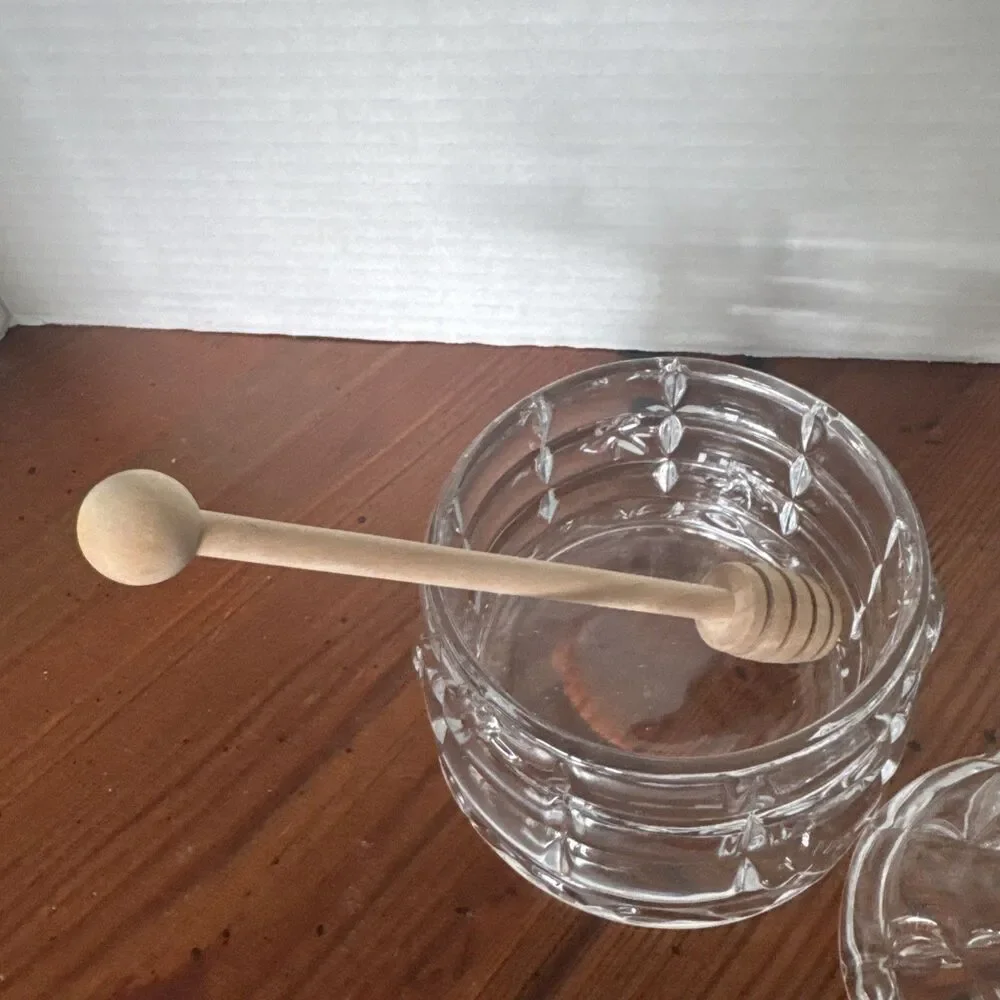 Beehive Crystal Honey  Storage Serving Glass Jar Dispenser with Wooden Dipper